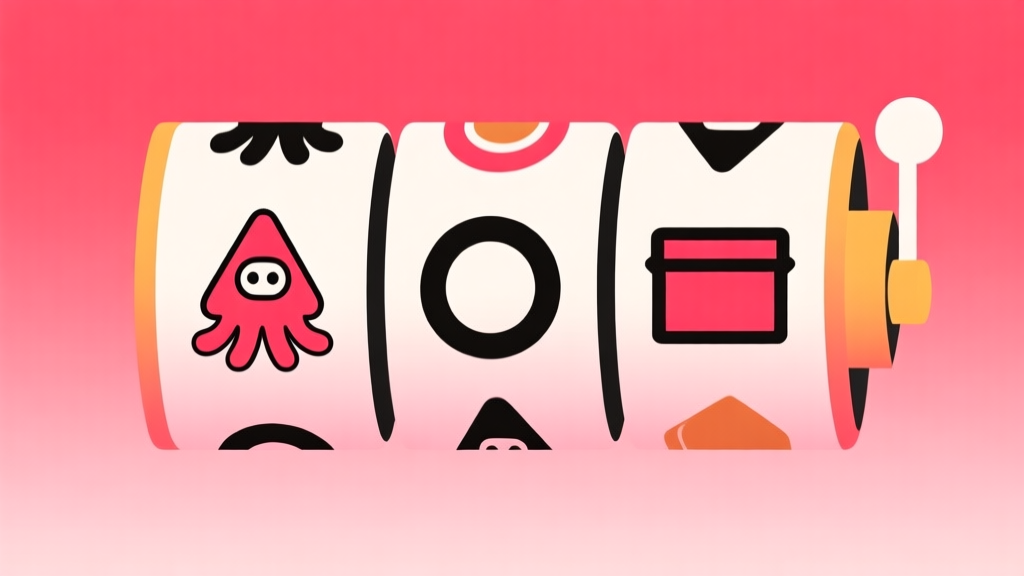 Ilustrasi minimalis dari tiga gulungan mesin slot dengan simbol bertema Squid Game seperti bentuk segitiga, lingkaran, dan kotak, latar belakang gradien merah muda lembut, desain bersih dan modern high quality illustration, detailed, 16:9