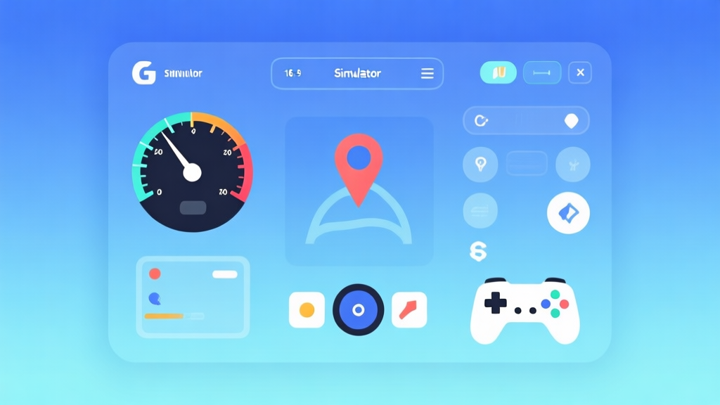 Ilustrasi minimalis dashboard game simulator dengan speedometer, GPS, dan berbagai ikon kontrol, latar belakang gradien biru muda, gaya desain bersih dan modern, konsep antarmuka pengguna game high quality illustration, detailed, 16:9