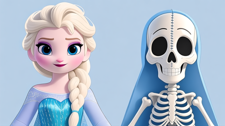 自动生成图片: Ilustrasi perbandingan side-by-side boneka Elsa asli dan palsu, fokus pada detail wajah, tekstur kain, dan kualitas jahitan, skema warna biru dan perak yang lembut, gaya minimalis bersih high quality illustration, detailed, 16:9