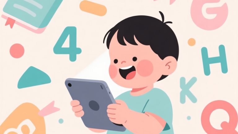 自动生成图片: Ilustrasi minimalis seorang anak balita dengan ekspresi senang sedang berinteraksi dengan tablet, dikelilingi ikon-ikon pendidikan abstrak seperti angka, bentuk, dan huruf, dengan warna-warna pastel yang lembut dan cerah, gaya desain bersih high quality illustration, detailed, 16:9