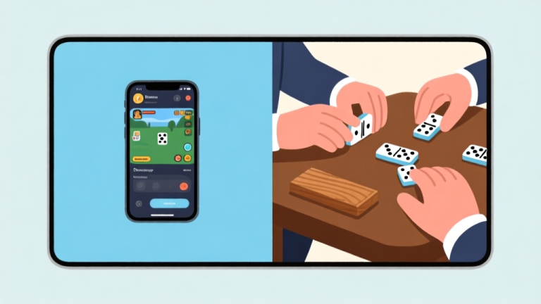 自动生成图片: Ilustrasi grafis minimalis yang membagi layar menjadi dua bagian, satu sisi menunjukkan ponsel dengan antarmuka game online modern, sisi lain menunjukkan tangan-tangan sedang bermain domino kayu tradisional di atas meja, skema warna netral dengan aksen biru muda dan coklat kayu, desain bersih high quality illustration, detailed, 16:9