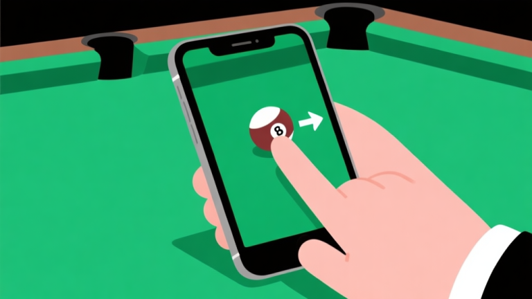 自动生成图片: Ilustrasi minimalis tangan di layar sentuh smartphone sedang menyeret sebuah bola biliar digital di atas meja hijau, dengan panah menunjukkan arah seretan, gaya clean dan sederhana, skema warna hijau dan putih high quality illustration, detailed, 16:9