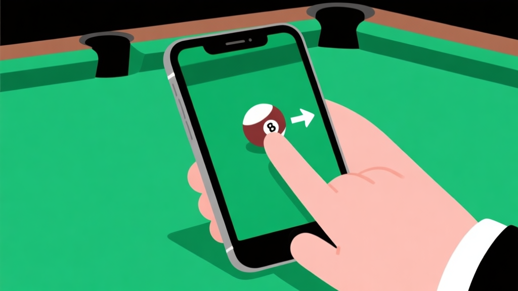 Ilustrasi minimalis tangan di layar sentuh smartphone sedang menyeret sebuah bola biliar digital di atas meja hijau, dengan panah menunjukkan arah seretan, gaya clean dan sederhana, skema warna hijau dan putih high quality illustration, detailed, 16:9