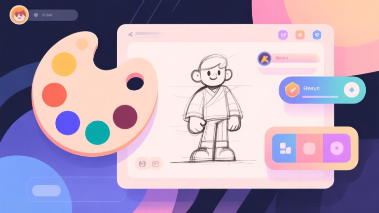 自动生成图片: Komposisi abstrak elemen visual game seperti palet warna, sketsa karakter, dan elemen UI yang menyatu, dengan skema warna pastel yang harmonis, gaya minimalis modern, ilustrasi konsep desain profesional high quality illustration, detailed, 16:9