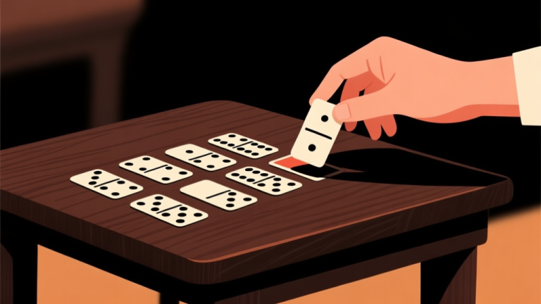 自动生成图片: Ilustrasi minimalis beberapa kartu domino Gaple tersusun rapi di atas meja kayu gelap, dengan satu kartu sedang diangkat oleh tangan, nuansa strategis dan fokus, warna hangat dan gelap, gaya clean professional high quality illustration, detailed, 16:9