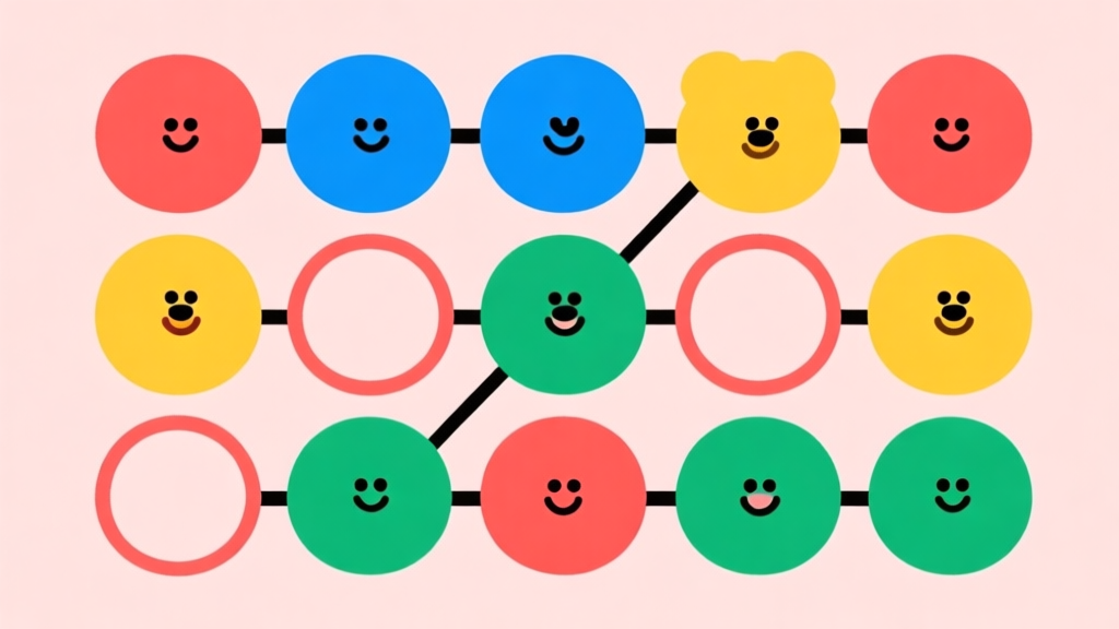 Ilustrasi minimalis dari karakter Chuzzle berwarna-warni (merah, biru, kuning, hijau) tersusun dalam grid, dengan beberapa lingkaran terhubung untuk menunjukkan konsep match-3, gaya desain bersih dan ceria, latar belakang pastel lembut high quality illustration, detailed, 16:9