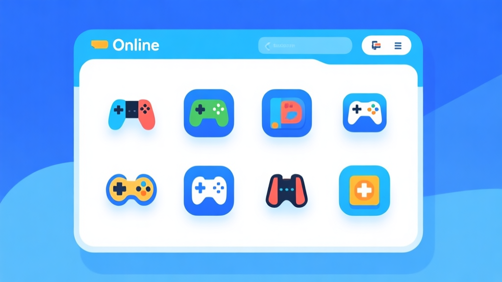 Ilustrasi antarmuka platform game online yang sederhana dan bersih, menampilkan ikon beberapa game mini yang berbeda, dengan skema warna biru dan putih yang cerah, gaya minimalis modern high quality illustration, detailed, 16:9