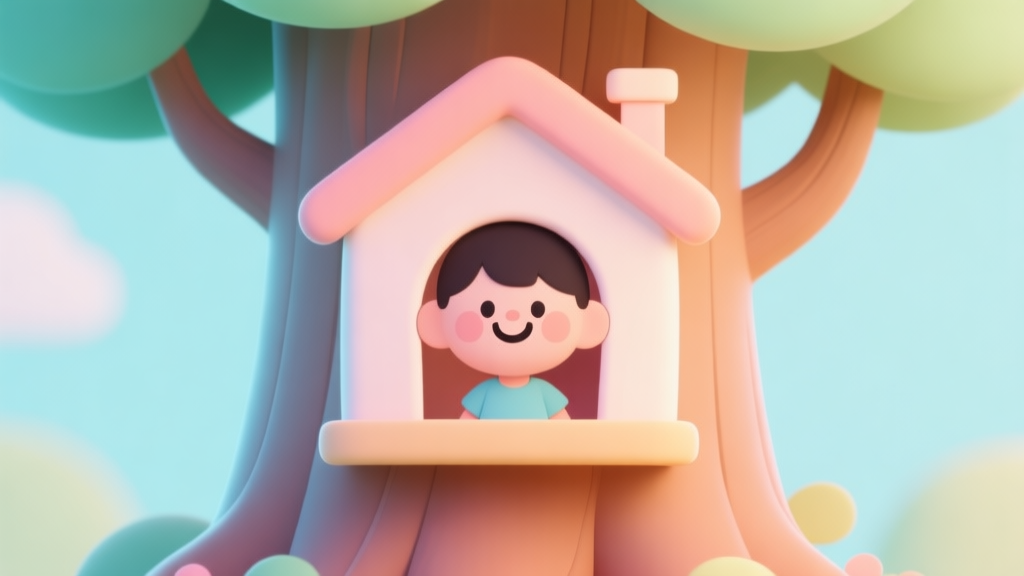 Ilustrasi digital yang ceria dan aman untuk anak-anak, menampilkan karakter kartun sederhana yang tersenyum di dalam rumah pohon virtual dengan warna-warna pastel yang lembut, desain minimalis dan bersih, gaya seni ramah anak high quality illustration, detailed, 16:9