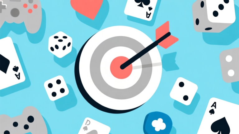 自动生成图片: Ilustrasi konsep strategi game dengan panah besar menuju target utama di tengah, dikelilingi ikon-ikon game abstrak seperti dadu dan kartu, skema warna biru muda dan abu-abu, desain minimal bersih high quality illustration, detailed, 16:9