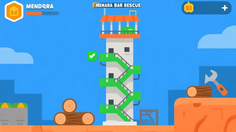 自动生成图片: Ilustrasi antarmuka game Menara Bar Rescue yang menunjukkan menara tinggi dengan beberapa lantai, jalur evakuasi berwarna hijau, dan ikon sumber daya seperti kayu dan alat, gaya flat design minimalis dengan warna biru dan oranye high quality illustration, detailed, 16:9