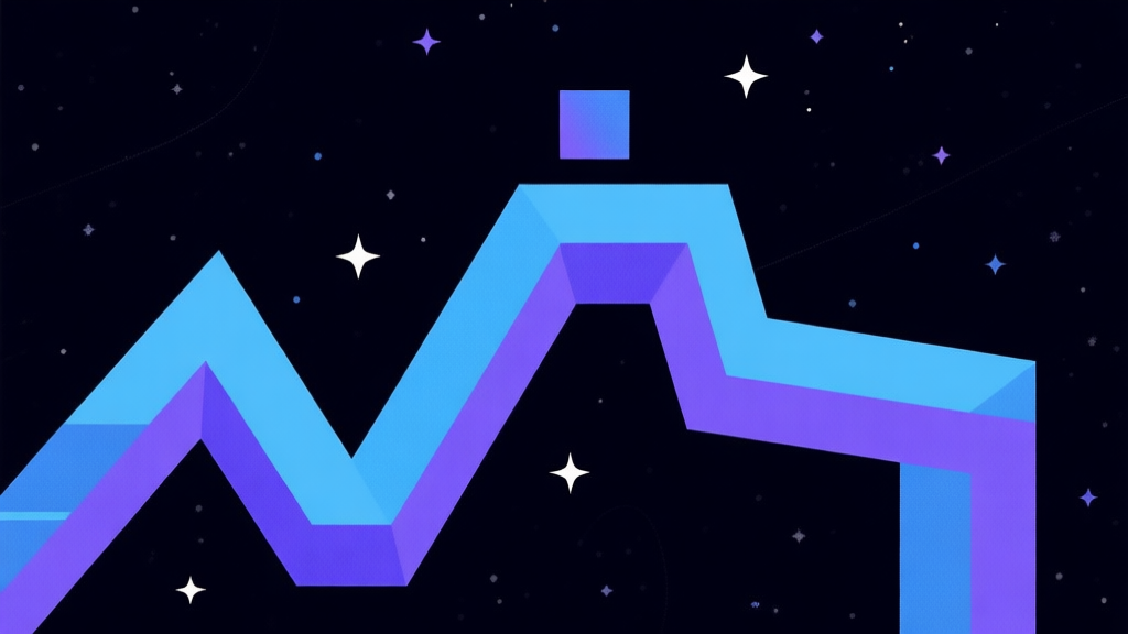 Ilustrasi minimalis dengan bentuk geometris tajam dan jalur berliku berwarna biru tua dan ungu, latar belakang gelap bertabur bintang, menangkap esensi ruang angkasa yang dalam dan tantangan platformer yang presisi high quality illustration, detailed, 16:9