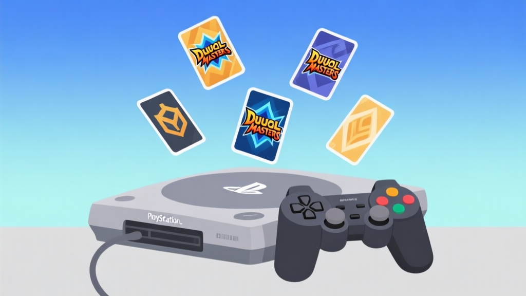 Ilustrasi minimalis dari konsol PlayStation 2 dengan kontroler, di atasnya melayang beberapa kartu Duel Masters dengan desain ikonik, latar belakang gradient biru muda dan abu-abu, gaya clean dan profesional high quality illustration, detailed, 16:9