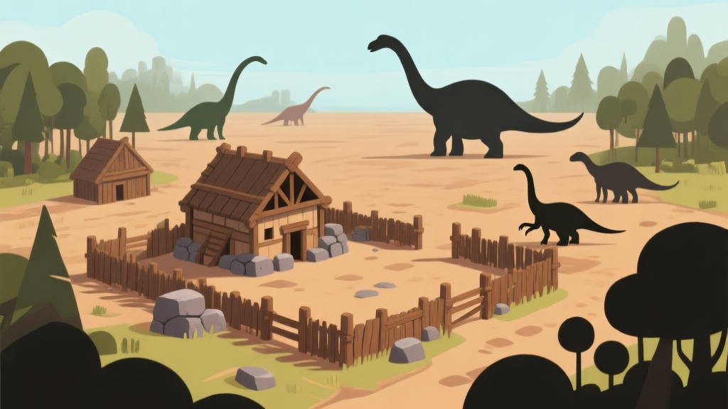 Ilustrasi minimalis kota prasejarah dengan bangunan kayu dan batu, dikelilingi pagar kayu, dengan beberapa siluet dinosaurus herbivora seperti triceratops di kejauhan, warna tanah dan hutan, gaya konsep game strategi high quality illustration, detailed, 16:9