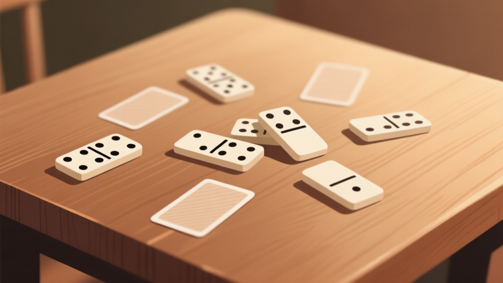 Ilustrasi minimalis beberapa kartu domino berserakan di atas meja kayu dengan cahaya hangat, desain bersih, fokus pada tekstur kartu dan angka, skema warna earth tone yang tenang high quality illustration, detailed, 16:9