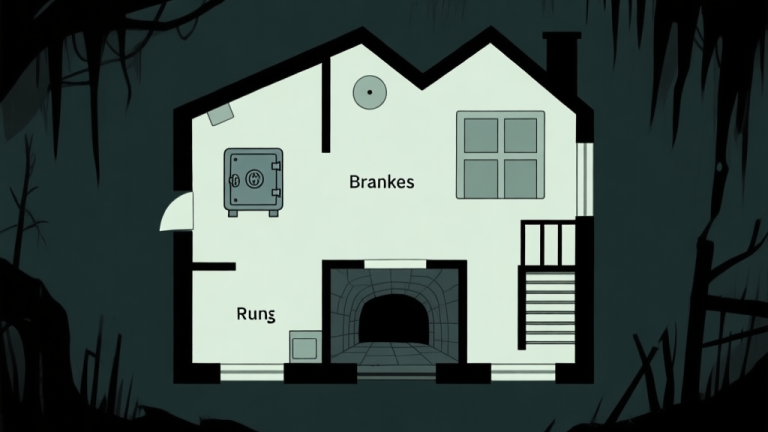 自动生成图片: Ilustrasi peta rumah misterius dengan denah lantai sederhana, menunjukkan lokasi-lokasi penting seperti brankas, ruang bawah tanah, dan tangga rahasia, dengan warna gelap dan nuansa menyeramkan, gaya minimalis game horror high quality illustration, detailed, 16:9