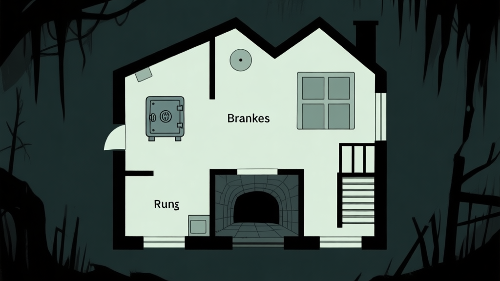 Ilustrasi peta rumah misterius dengan denah lantai sederhana, menunjukkan lokasi-lokasi penting seperti brankas, ruang bawah tanah, dan tangga rahasia, dengan warna gelap dan nuansa menyeramkan, gaya minimalis game horror high quality illustration, detailed, 16:9