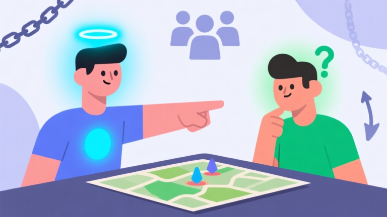 自动生成图片: Ilustrasi grafis minimalis dua avatar game, satu dengan aura pengalaman (cahaya biru) sedang menunjuk ke peta strategi game, yang lain dengan aura ingin tahu (cahaya hijau) memperhatikan. Latar belakang abstrak dengan simbol-simbol teamwork seperti rantai dan panah. Gaya clean, warna pastel soft. high quality illustration, detailed, 16:9