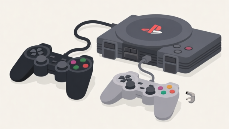 自动生成图片: Ilustrasi minimalis dua gamepad, satu dengan kabel kusut dan satu nirkabel, ditempatkan di samping konsol PlayStation 2, latar belakang bersih dengan warna netral, gaya flat design high quality illustration, detailed, 16:9