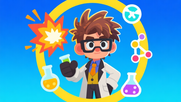 自动生成图片: Ilustrasi karakter game bergaya kartun dengan jas lab dan rambut acak-acakan, dikelilingi ikon ledakan dan simbol sains, skema warna biru dan kuning, desain bersih untuk konsep game high quality illustration, detailed, 16:9