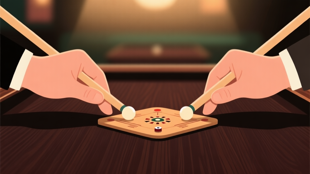 Ilustrasi minimalis dua tangan memegang stik biliar dan bidak carrom di atas meja kayu gelap, latar belakang blur dengan cahaya hangat, gaya clean dan profesional, komposisi simetris high quality illustration, detailed, 16:9