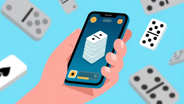 自动生成图片: Ilustrasi minimalis dari tangan memegang ponsel dengan tampilan game domino digital di layar, ditumpuk dengan kartu domino abstrak yang melayang, skema warna biru muda dan abu-abu, desain bersih, gaya infografis high quality illustration, detailed, 16:9