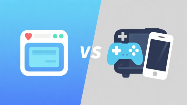 自动生成图片: Ilustrasi komparatif minimalis dengan dua set ikon game yang berseberangan, satu sisi menunjukkan ikon kart sederhana dan browser, sisi lain menunjukkan ikon konsol dan ponsel mewah, skema warna biru muda dan abu-abu, desain bersih untuk konsep perbandingan high quality illustration, detailed, 16:9