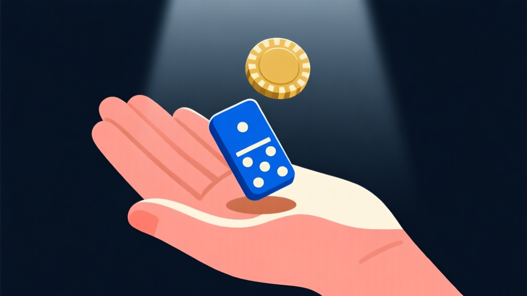 Ilustrasi grafis sederhana menunjukkan chip domino berwarna biru dan emas jatuh dari tangan, latar belakang gelap dengan sorotan cahaya minimal, gaya desain bersih dan abstrak high quality illustration, detailed, 16:9