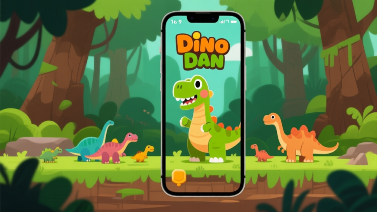 自动生成图片: Ilustrasi layar awal game Dino Dan dengan karakter utama dan beberapa dinosaurus kecil di latar belakang hutan purba, gaya grafis game mobile yang cerah dan ramah, skema warna hijau dan coklat yang dominan high quality illustration, detailed, 16:9