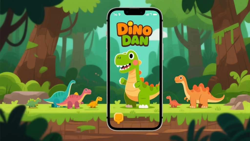 Ilustrasi layar awal game Dino Dan dengan karakter utama dan beberapa dinosaurus kecil di latar belakang hutan purba, gaya grafis game mobile yang cerah dan ramah, skema warna hijau dan coklat yang dominan high quality illustration, detailed, 16:9
