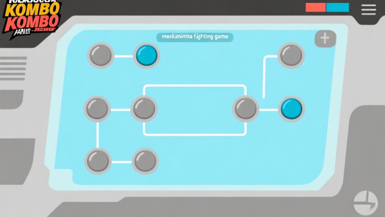 自动生成图片: Ilustrasi diagram alur sederhana tentang mekanisme kombo fighting game, menunjukkan tombol-tombol yang terhubung dengan garis, skema warna biru muda dan abu-abu, desain minimal bersih, gaya infografis high quality illustration, detailed, 16:9