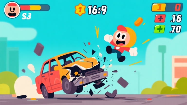 自动生成图片: Ilustrasi gaya game yang menunjukkan karakter kartun terlempar dari mobil yang rusak, dengan skor dan multiplier terpampang di udara, warna cerah namun tidak terlalu tajam, desain minimalis yang fokus pada aksi high quality illustration, detailed, 16:9