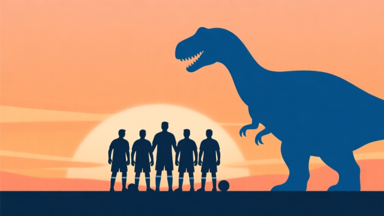 自动生成图片: Ilustrasi grafis minimalis beberapa ikon pemain (siluet) berdiri bersama menghadapi siluet dinosaurus besar di latar belakang sunset, skema warna jingga dan biru lembut, gaya clean vector, konsep kerja sama dan petualangan high quality illustration, detailed, 16:9