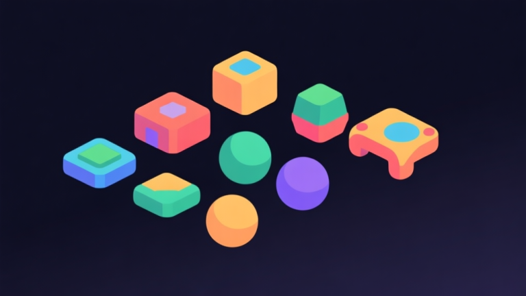 自动生成图片: Ilustrasi minimalis beberapa ikon item game berbentuk kotak kecil dan bulat dengan warna cerah namun tidak mencolok, tersusun rapi di atas latar belakang gelap, gaya desain clean dan sederhana high quality illustration, detailed, 16:9