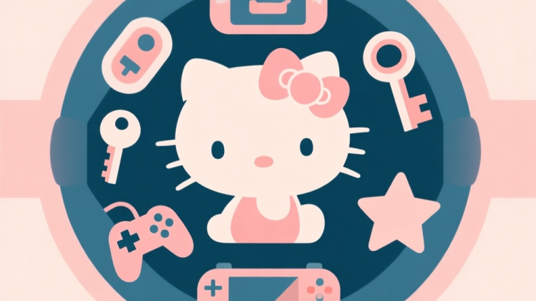 自动生成图片: Komposisi ilustrasi digital yang menampilkan siluet karakter Hello Kitty yang dikelilingi oleh ikon-ikon game abstrak seperti joystick, kunci, dan bintang, dengan skema warna pastel yang lembut dan desain minimalis yang bersih high quality illustration, detailed, 16:9