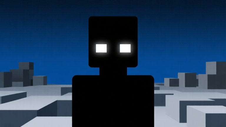 自动生成图片: Ilustrasi minimalis sosok siluet dengan mata putih bersinar di tengah lanskap blok Minecraft yang gelap, nuansa misterius, skema warna biru tua dan abu-abu, desain clean dan abstrak high quality illustration, detailed, 16:9