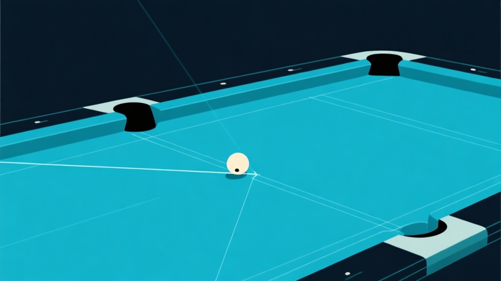 Ilustrasi minimalis meja billiard dengan garis bantu geometris tipis berwarna biru muda menunjukkan sudut pantulan bola, latar belakang gelap, gaya visual clean dan instruksional high quality illustration, detailed, 16:9