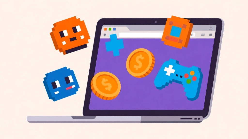 Ilustrasi digital yang menunjukkan berbagai ikon game klasik seperti karakter pixel, koin, dan kontroler melayang di atas layar laptop dengan browser yang terbuka, gaya flat design dengan warna retro (oranye, biru, ungu), latar belakang sederhana high quality illustration, detailed, 16:9