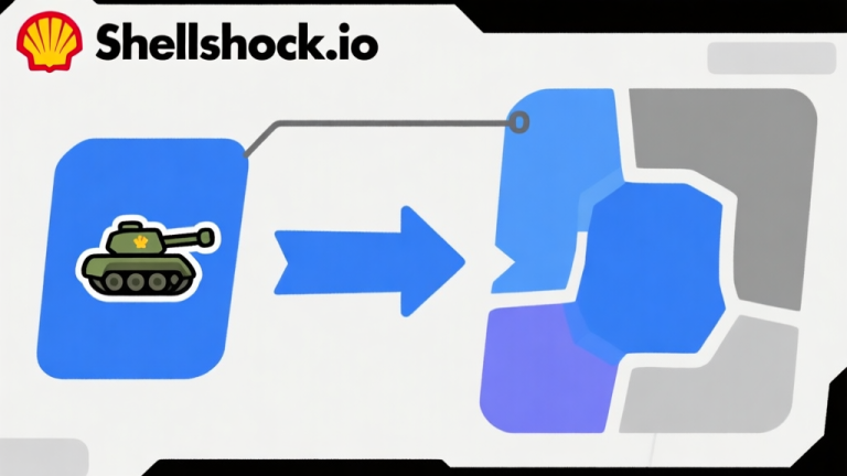 自动生成图片: Ilustrasi diagram alur strategi game Shellshock.io dengan ikon tank kecil, panah arah, dan zona berwarna, skema warna biru dan abu-abu, desain minimalis bersih, gaya infografis game high quality illustration, detailed, 16:9