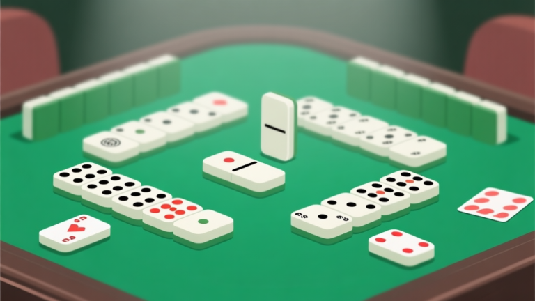 自动生成图片: Ilustrasi minimalis 28 kartu domino Mahjong222 tersusun rapi di atas meja hijau virtual, dengan beberapa kartu disorot, latar belakang blur, gaya desain bersih dan informatif high quality illustration, detailed, 16:9