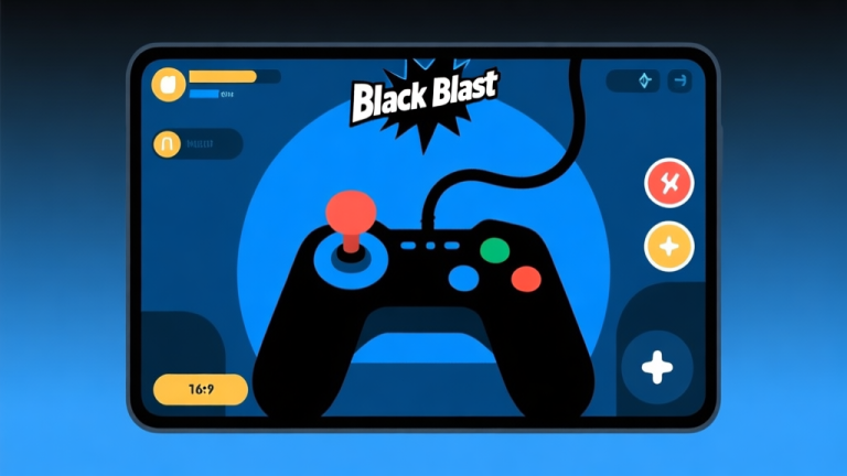 自动生成图片: Ilustrasi minimalis layar permainan Black Blast dengan UI yang bersih, menunjukkan joystick virtual dan beberapa tombol aksi, skema warna biru dan hitam, gaya flat design high quality illustration, detailed, 16:9