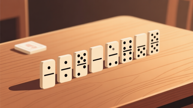 自动生成图片: Ilustrasi minimalis kartu domino berjajar di atas meja kayu dengan pencahayaan hangat, desain bersih, gaya ilustrasi datar, skema warna earth tone yang tenang high quality illustration, detailed, 16:9