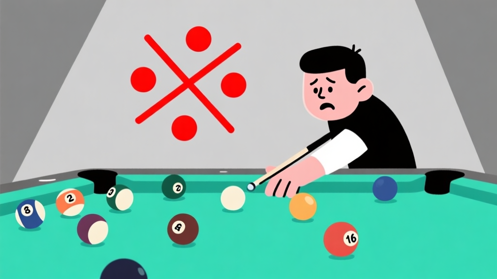 Ilustrasi vektor minimalis seorang pemain biliar pemula dengan ekspresi bingung di depan meja pool, bola-bola berserakan, dengan tanda silang merah di atas tujuh titik kesalahan umum, skema warna hijau toska dan abu-abu, gaya clean line art high quality illustration, detailed, 16:9