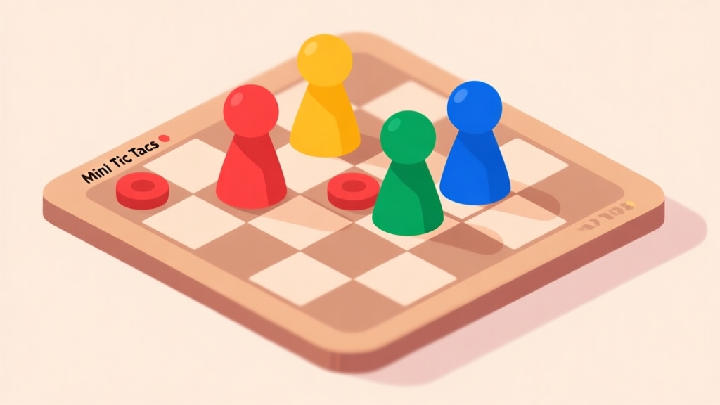 Ilustrasi papan permainan digital Mini Tic Tacs dengan empat warna pion berbeda (merah, kuning, hijau, biru) tersusun di atas papan berpetak, gaya flat design yang bersih, latar belakang lembut, fokus pada elemen permainan high quality illustration, detailed, 16:9
