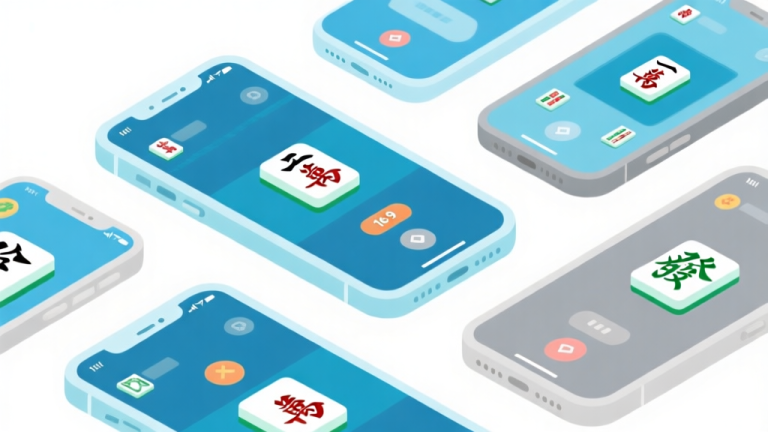 自动生成图片: Ilustrasi grafis minimalis dengan beberapa ponsel pintar yang menampilkan antarmuka permainan Mahjong online yang berbeda, skema warna biru muda dan abu-abu, desain bersih, gaya infografis perbandingan high quality illustration, detailed, 16:9
