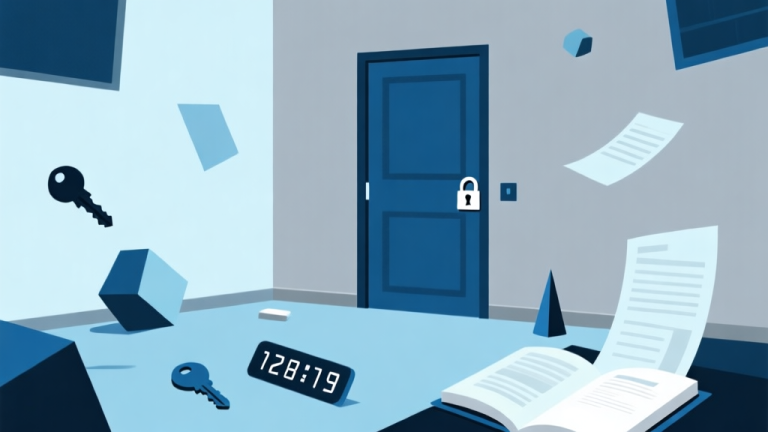 自动生成图片: Ilustrasi minimalis sebuah ruangan digital dengan pintu terkunci, beberapa objek geometris berserakan seperti kunci, kode angka, dan dokumen terbuka, skema warna biru muda dan abu-abu, gaya desain bersih dan misterius high quality illustration, detailed, 16:9
