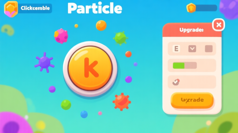 自动生成图片: Ilustrasi layar game Particle Clicker yang ramah pemula, menunjukkan tombol klik besar di tengah, beberapa partikel berwarna, dan panel upgrade sederhana di samping, dengan desain clean dan warna cerah namun tidak mencolok high quality illustration, detailed, 16:9