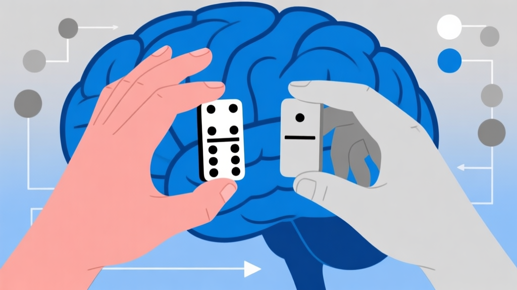Ilustrasi konsep psikologi dalam permainan domino, menunjukkan dua tangan yang berbeda, satu memegang ubin domino dengan percaya diri, yang lain tampak ragu-ragu, dengan latar belakang pikiran yang abstrak dan diagram alur, gaya minimalis dengan nuansa biru dan abu-abu high quality illustration, detailed, 16:9