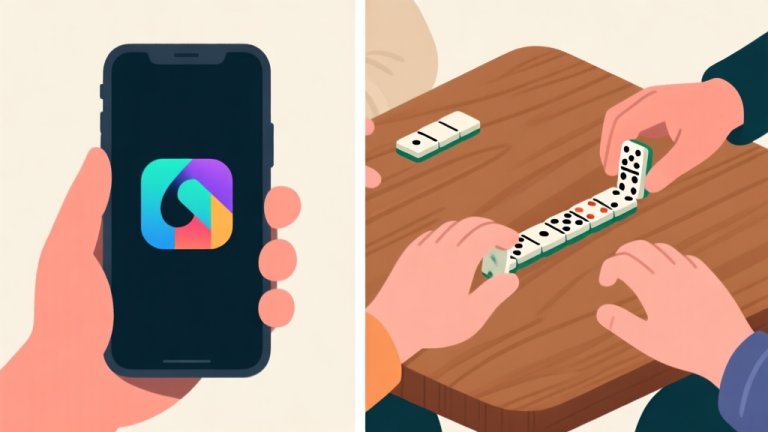 自动生成图片: Ilustrasi dua sisi yang kontras, satu sisi menunjukkan layar ponsel dengan ikon game digital abstrak, sisi lain menunjukkan tangan-tangan sedang bermain domino di atas meja kayu, skema warna netral dan hangat, desain minimalis bersih high quality illustration, detailed, 16:9