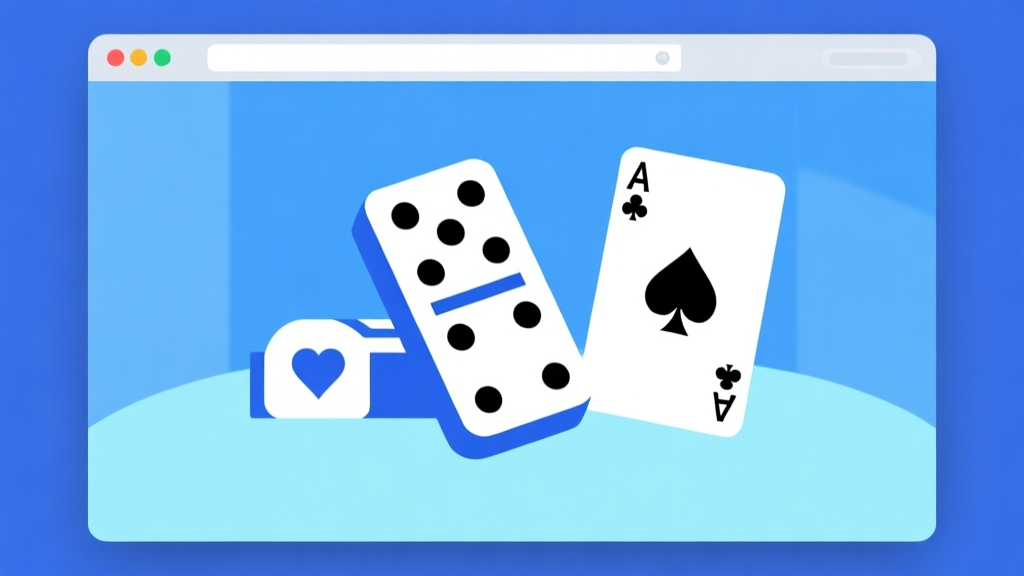 Ilustrasi minimalis layar browser dengan ikon game domino dan kartu, skema warna biru muda dan putih, desain bersih, gaya antarmuka modern high quality illustration, detailed, 16:9