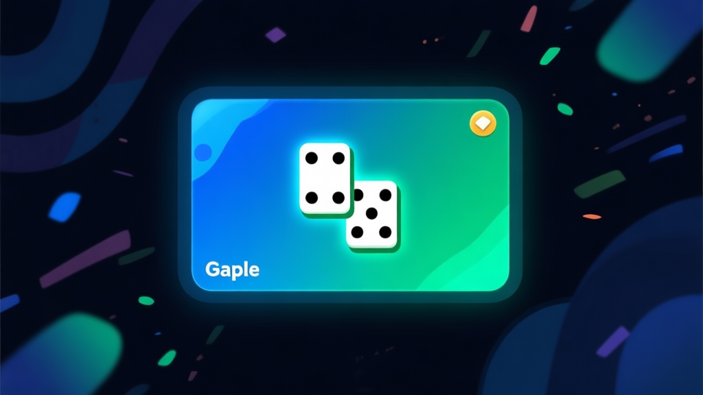 Ilustrasi minimalis kartu domino gaple digital dengan efek cahaya biru dan hijau, tampilan antarmuka game yang bersih, latar belakang gelap dengan partikel abstrak, gaya desain modern untuk game mobile high quality illustration, detailed, 16:9